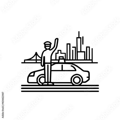City taxi service vector illustration with driver hailing a cab in front of the city skyline scene