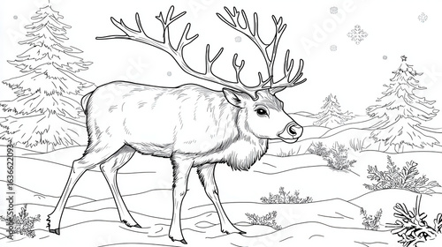 Wallpaper Mural Detailed illustration of reindeer in snowy landscape, surrounded by trees and snowflakes, perfect for coloring Torontodigital.ca
