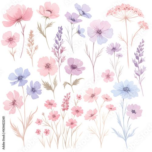 Wallpaper Mural Watercolor Floral Collection: A delicate collection of watercolor flowers, showcasing a variety of blossoms in soft pastel hues, perfect for adding a touch of elegance and beauty to any design. Torontodigital.ca
