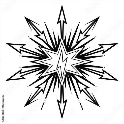 A stylized black and white graphic depicting a starburst explosion with radiating arrows and a lightning bolt at its center symbolizing energy and impact