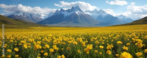Vibrant yellow flower meadow stretches towards majestic snow-capped mountains under blue sky with white clouds. Scenic landscape captures of Patagonia in spring summer, evoking sense of natural
