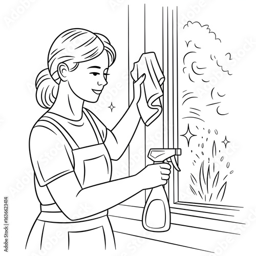 The girl is wiping the window with water.