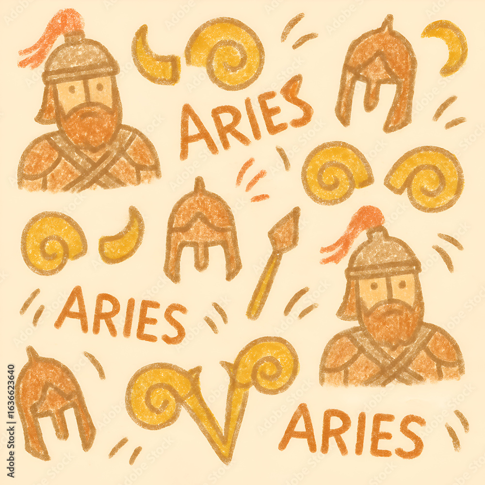 Fototapeta premium Handdrawn Aries zodiac pattern with textured warrior ancient helmets and ram horn symbols.