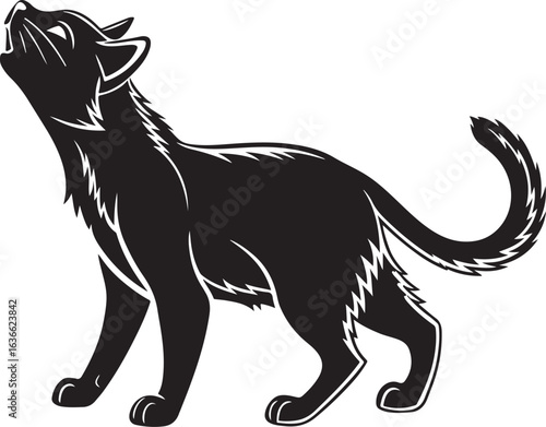 Black cat howling with fur detail on white background