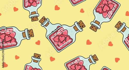 Vector art of seamless pattern of glass bottles filled with red hearts, symbolizing love potions, set against a cheerful yellow background with scattered small hearts
