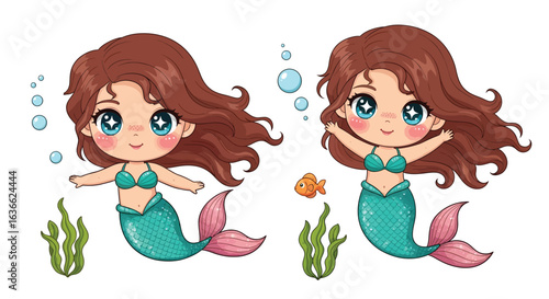 Vector art of two cute cartoon mermaids with brown hair and blue eyes swimming in the ocean with a fish and seaweed, isolated on white background