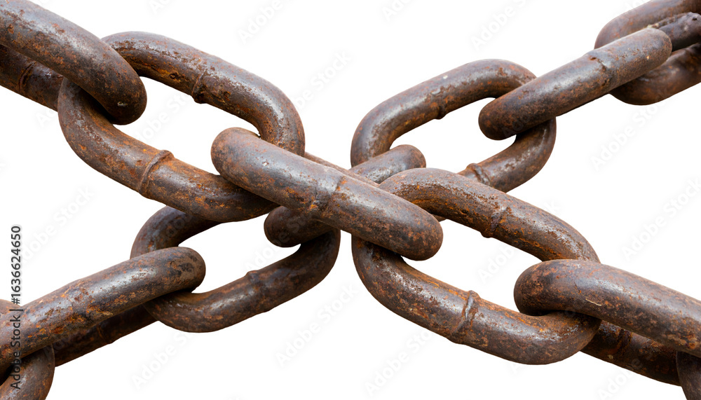 Fototapeta premium Crossed chain links – Two weathered metal chain links crossed in X shape, chain PNG, Rustic, vintage