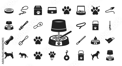 Monochrome vector illustration of pet care and supplies collection