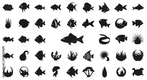 Collection of Illustrated Silhouette Fish Species and Aquatic Plants