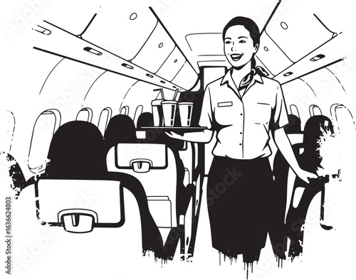 Stylized depiction of flight attendant serving beverages on airp