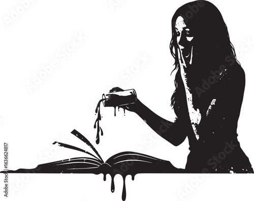 Conceptual artwork of a woman spilling liquid onto a book, symbo
