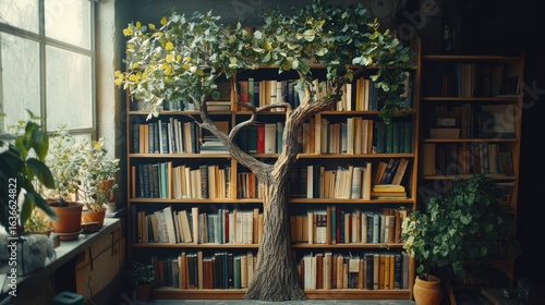 Wallpaper Mural Bookshelf with a faux tree, plants, and light Torontodigital.ca