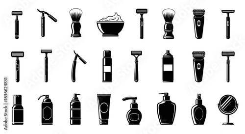 Variety of Shaving and Grooming Items in Black and White Silhouette