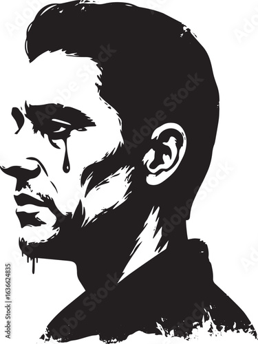 Monochrome illustration portraying a man's profile with a teardr