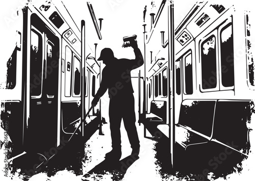 Monochrome image capturing a person cleaning the interior of a s