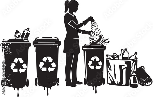 Illustrated depiction of a woman rinsing recyclables before plac