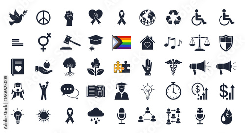Diverse silhouette icons symbolize social causes and global issues.