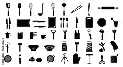 Kitchen Utensils Collection: Black Silhouettes Against a White Background