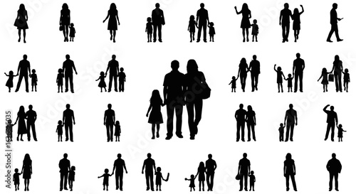 Diverse family silhouettes showcasing different poses, conveying unity and connection