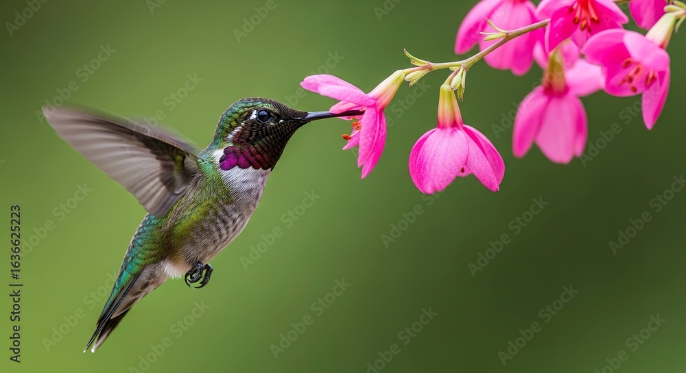 Fototapeta premium Hummingbird sipping nectar from pink flowers
