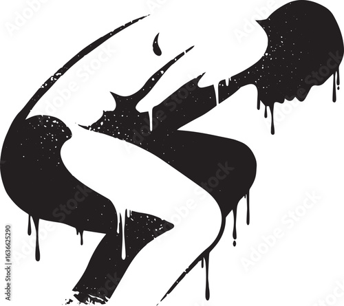 Distressed human figure in monochrome artistic representation, p