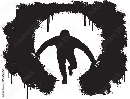 Monochrome silhouette of a man crawling through a grungy dark ho