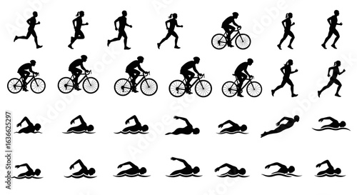 Triathlon vector set showing running, cycling, and swimming sports activities