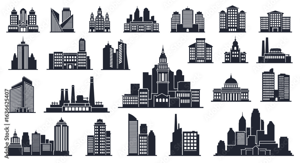 Obraz premium Varied architectural silhouettes composing an urban city landscape collection