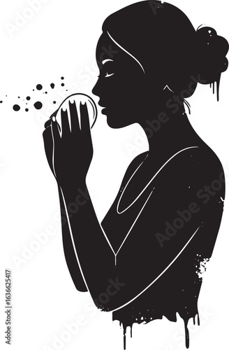 Elegant silhouette of a woman applying toner in a skincare routi