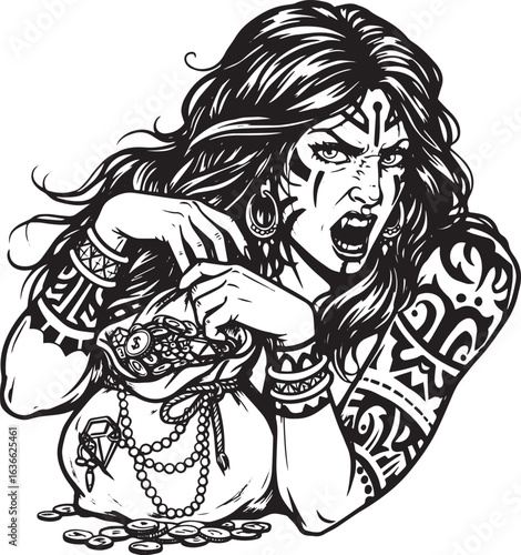 Black and white illustration of a greedy woman holding a bag of