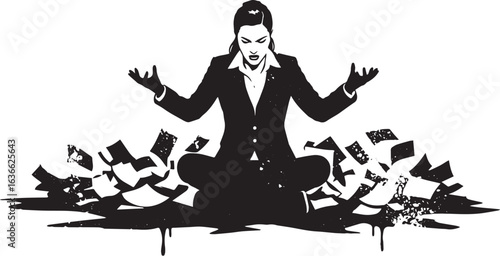 Businesswoman meditates amidst a paper avalanche, symbolic of fi
