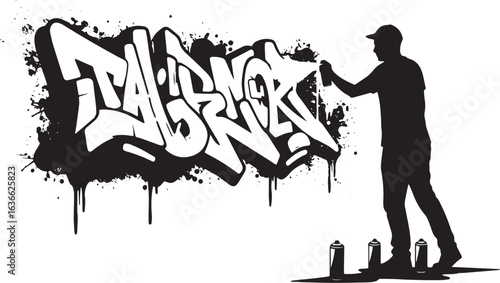 Silhouette of a graffiti artist in action, painting an intricate