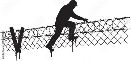 Silhouette of a man ascending a barbed wire fence, highlighting