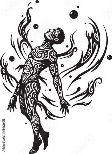 Mystical ascension: A tattooed man in levitation against a swirl