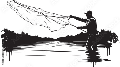 Monochrome silhouette of a fisherman casting net into serene lak
