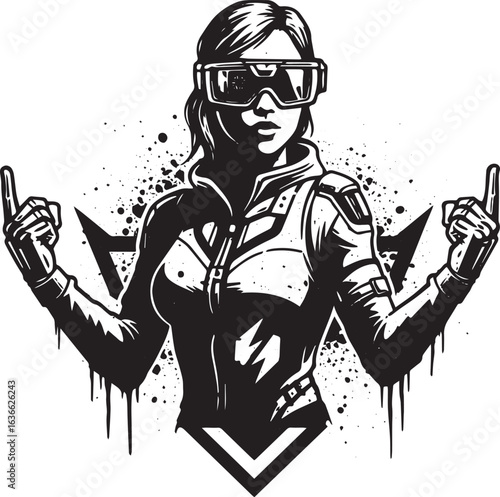 Futuristic heroine in tech gear gesturing upwards with confident