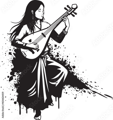 Graceful Silhouette: Woman serenading with traditional stringed