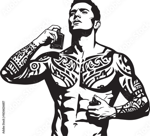 Tattooed man applying cologne with modern abstract artistic vect