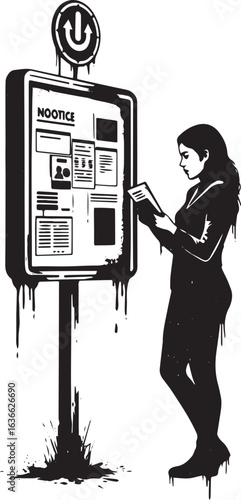 Modern woman reading newspaper by an urban style billboard newss