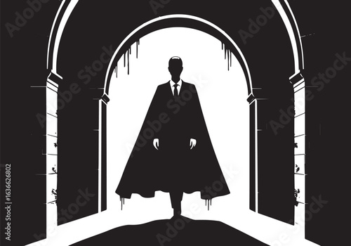 Silhouette figure in dark archway, evoking mystery and ominous a