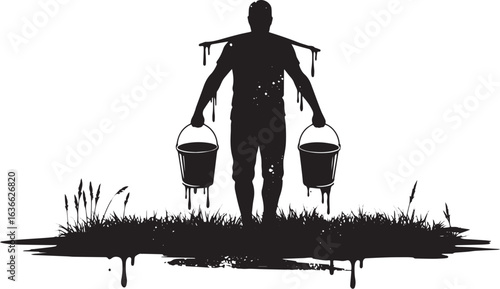 Silhouette of a hardworking man carrying buckets with a yoke on