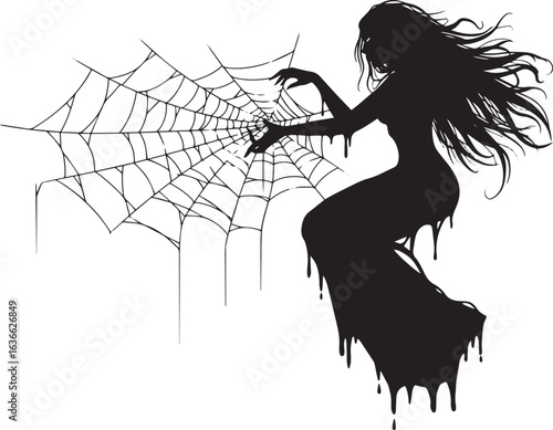 Eerie silhouette of a woman weaving a complex spiderweb against