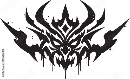 Intricate mythical monster depiction in black ink with dripping