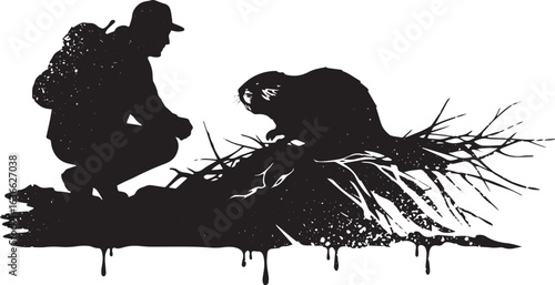 Silhouette of a man crouching near a beaver lodge with dripping
