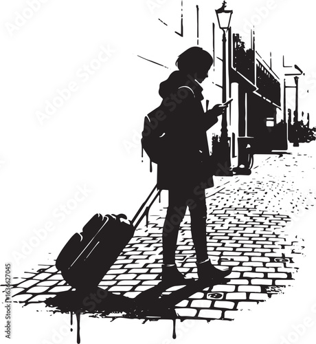 Silhouette of a woman on a cobblestone street using her smartpho