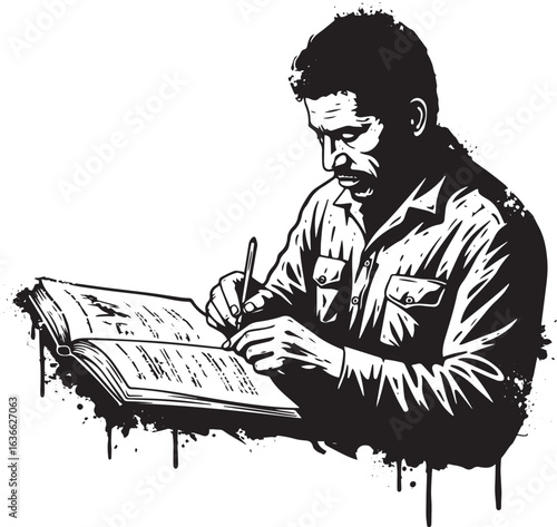Monochrome depiction of a man engrossed in writing within an ope