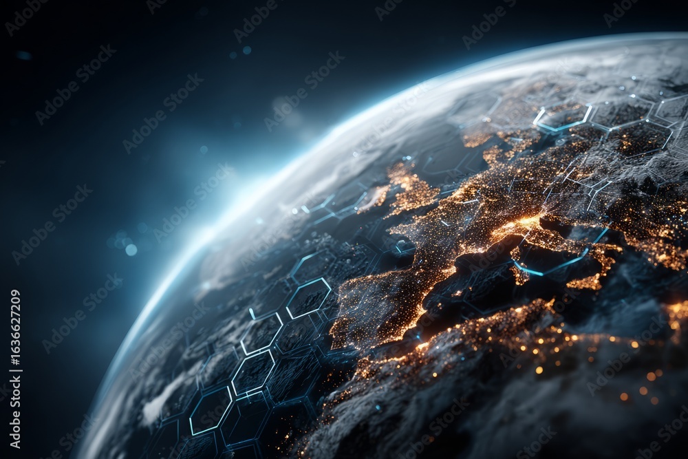 Obraz premium A blue and white planet with a hexagonal background