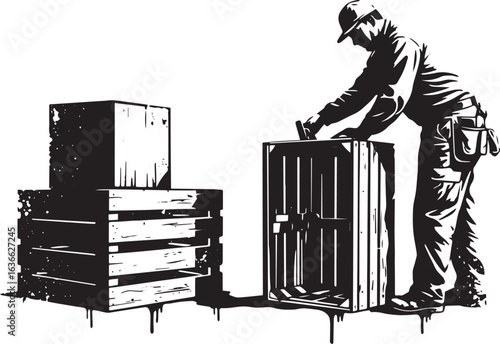 Craftsman assembles wooden crates in a monochromatic graphic sty