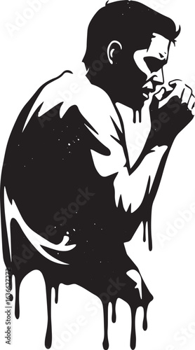 Monochrome Silhouette Depicting a Man in Contemplation with Drip