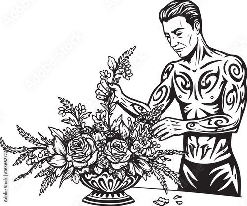 Tattooed man arranging a detailed floral arrangement in black an